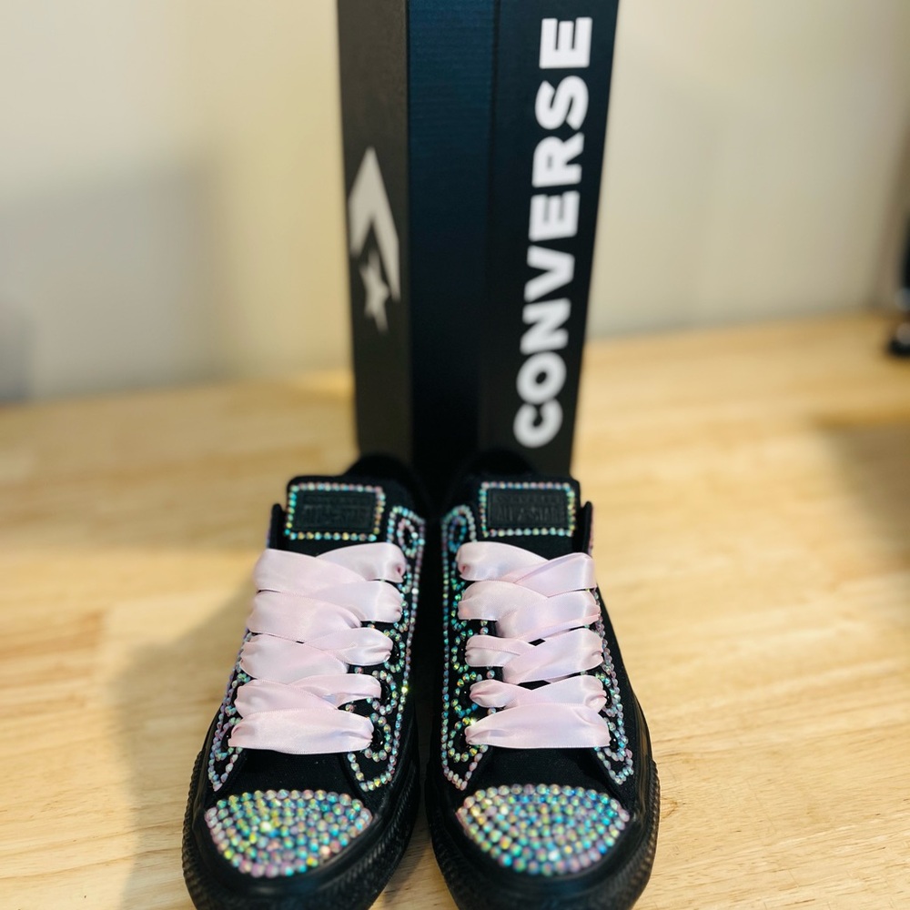 Converse Black blinged out Sneakers with Pink Laces and Iridescent  Rhinestones